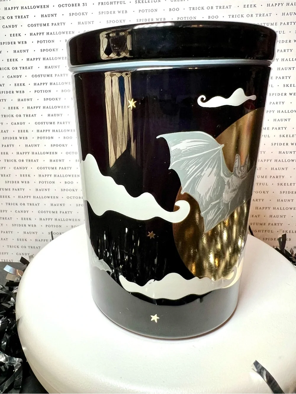 Halloween Glass Bats & Moonlight 1 Wick Candle Black and Gold Midnight Mahogany
